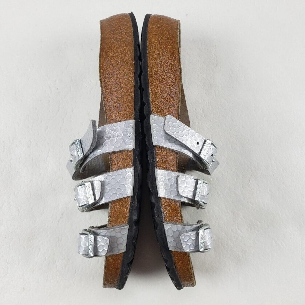 Birkis Birkenstock Metallic Sandals Silver Womens 4-4.5 35 Leather Strappy Slide - Picture 5 of 11